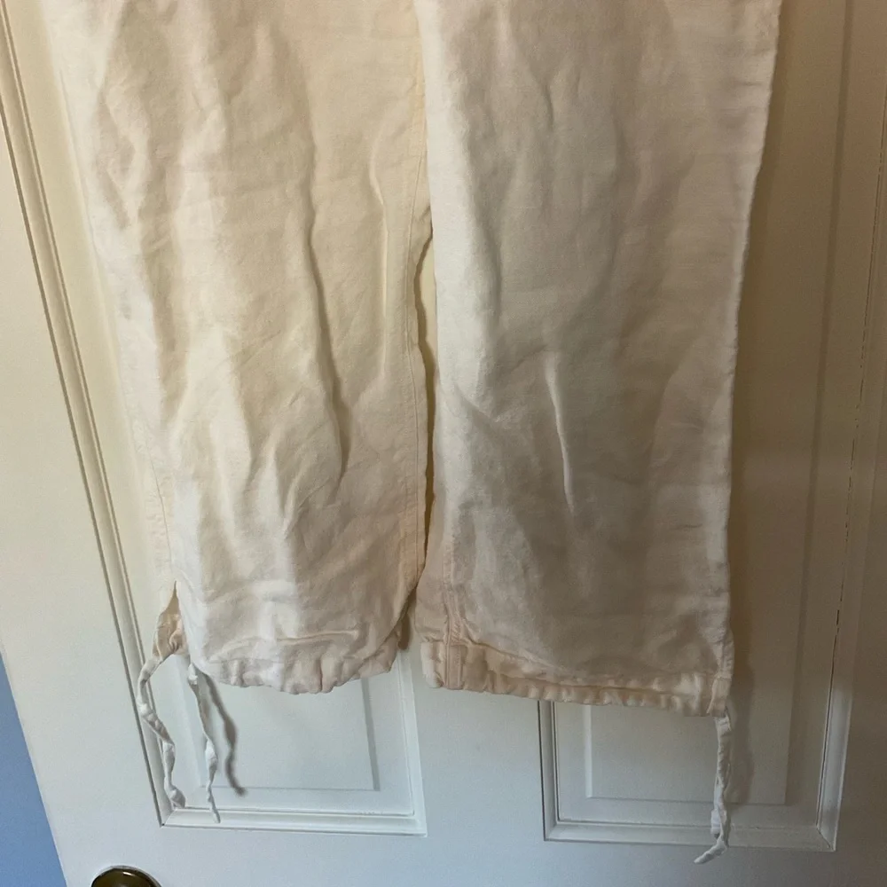 Banana Republic Women's Linen Pants Size 8 Ecru Tie Cuff Beachy Coastal Nautical